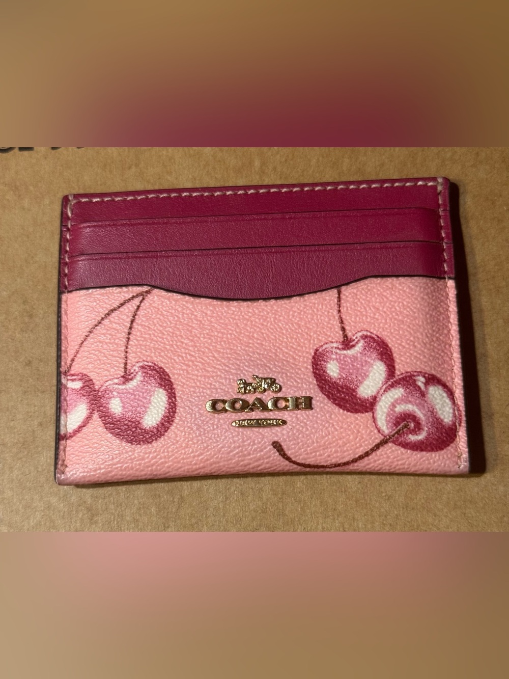 Coach Pink Cherry Leather Card Holder with Magenta Accents - Picture 1 of 8